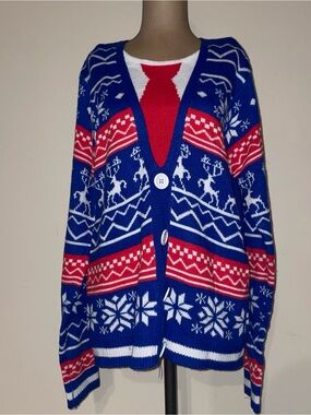 Festive Blue & Red Fair Isle V-Neck Cardigan Sweater